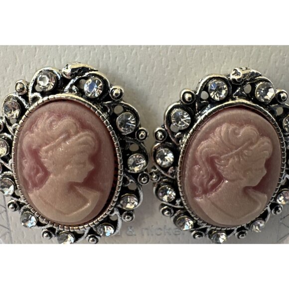 Classic Cameo CZ Pink Silver Tone Oval Earrings NEW - Picture 3 of 9